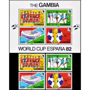 GAMBIA/SELLOS, 1982 - FUTBOL - CAMPEONATO MUNDIAL ESPAÑA 82 - YV 442/45 + BF 6 - 4 VALORES + BLOQUE - NUEVO