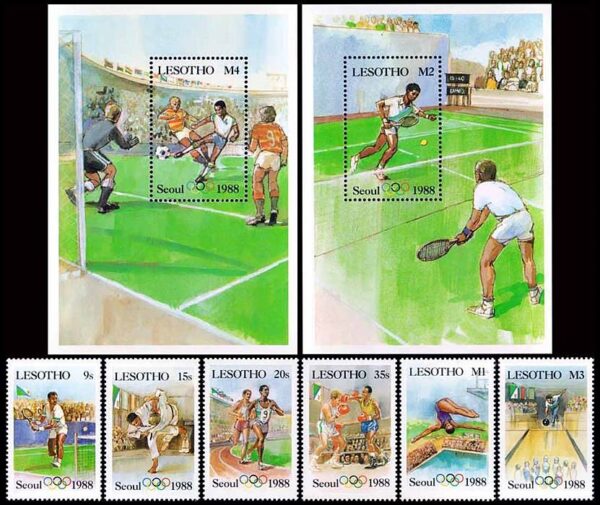 LESOTHO/SELLOS, 1987 - JUEGOS OLIMPICOS SEUL 88 - YV 715/20 + BF 43-44 - 6 VALORES + 2 BLOQUES - NUEVO