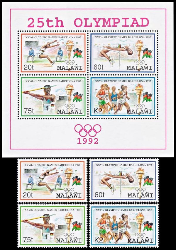 MALAWI/SELLOS, 1992 - JUEGOS OLIMPICOS BARCELONA 92 - YV 609/12 + BF 75 - 4 VALORES + BLOQUE - NUEVO