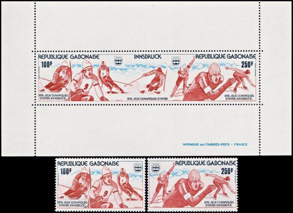 GABON/SELLOS, 1976 - JUEGOS OLIMPICOS INSBRUCK 1976 - YV A 176/77 + BF 25 - 2 VALORES + BLOQUE - NUEVO