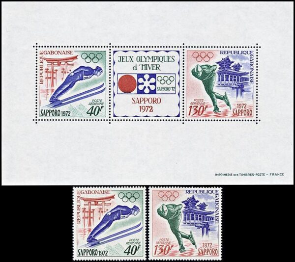 GABON/SELLOS, 1972 - JUEGOS OLIMPICOS SAPORO 72 - YV A 122/23 + BF 19 - 2 VALORES + BLOQUE - NUEVO