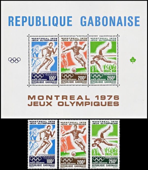 GABON/SELLOS, 1976 - JUEGOS OLIMPICOS MONTREAL 1976 - YV 184/86 + BF 26 - 3 VALORES + BLOQUE - NUEVO