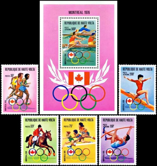 ALTO VOLTA/SELLOS, 1976 - JUEGOS OLIMPICOS MONTREAL 76 - YV 380/2 + A 203/4 + BF 5AM - 5 VALORES + BLOQUE - NUEVO