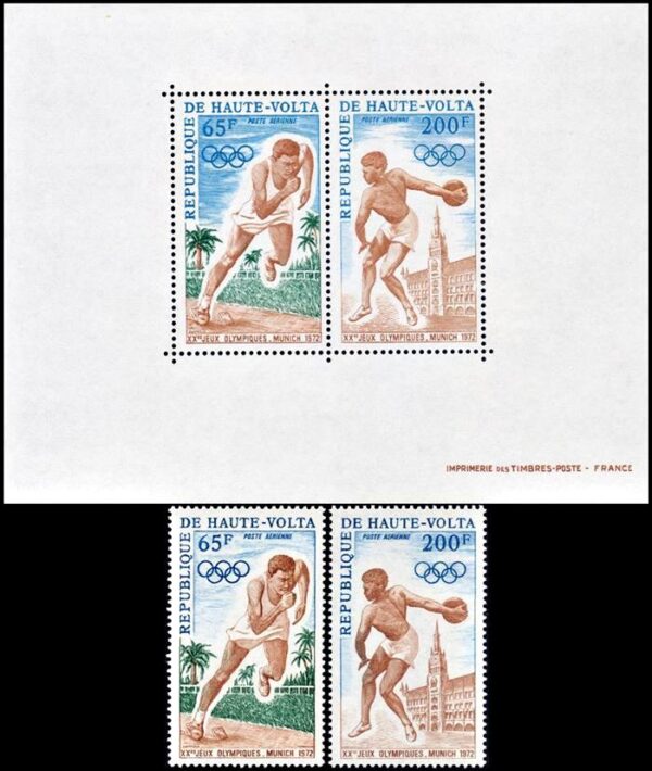 ALTO VOLTA/SELLOS, 1972 - JUEGOS OLIMPICOS MUNICH 72 - YV A 102/03 + BF 5 - 2 VALORES + BLOQUE - NUEVO