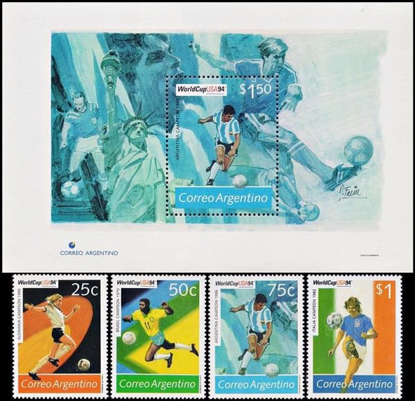 ARGENTINA/SELLOS, 1994 - FUTBOL - CAMPEONATO MUNDIAL USA 94 - CAT G.J. 2664/67 + HB 107 - 4 VALORES + BLOQUE - NUEVO