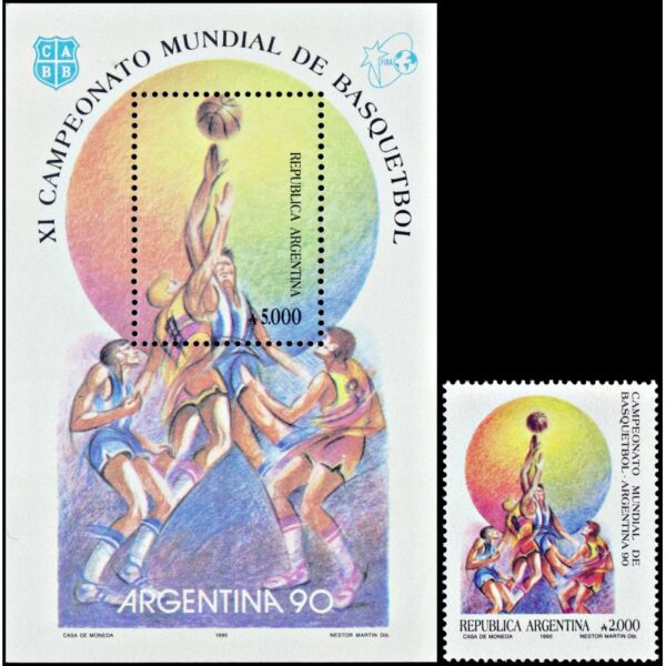 ARGENTINA/SELLOS, 1990 - DEPORTES - BASQUETBOL - CAT. G.J. 2497 + HB 91 - 1 VALOR + BLOQUE - NUEVO