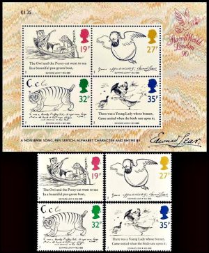 GRAN BRETAÑA/SELLOS, 1988 - LITERATURA INFANTIL - ESCRITORES - EDWARD LEAR - YV 1336/39 + BL 3 - 4 VALORES + BLOQUE - MINT