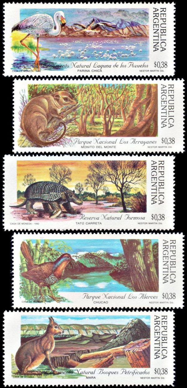 ARGENTINA/SELLOS, 1992 - PARQUES NACIONALES - FAUNA - CAT GJ 2583/87 - 5 VALORES - NUEVO