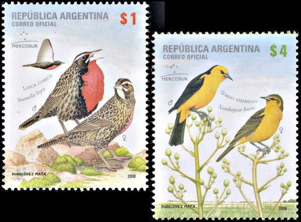 ARGENTINA/SELLOS, 2008 - AVES AUTOCTONAS - MERCOSUR - CAT GJ 3655/56 - 2 VALORES - NUEVO