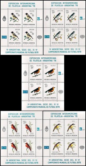 ARGENTINA/SELLOS, 1978 - AVES - FUTBOL - CAMPEONATO MUNDIAL ARGENTINA 1978 - CAT GJ HB 28/32 - 5 BLOQUES - NUEVO