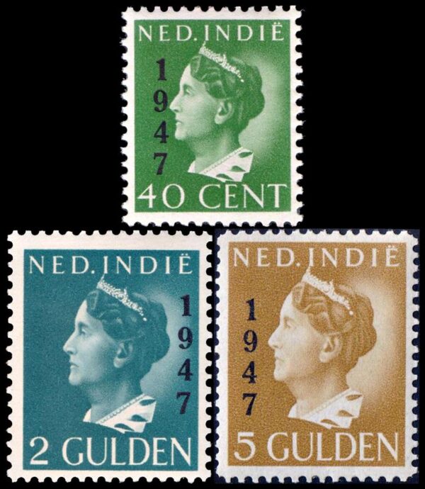 INDIA HOLANDESA/SELLOS, 1947 - GUILLERMINA DE HOLANDA - SELLOS SOBRECARGADOS - YV 311/13 - 3 VALORES - NUEVO - BISAGRA