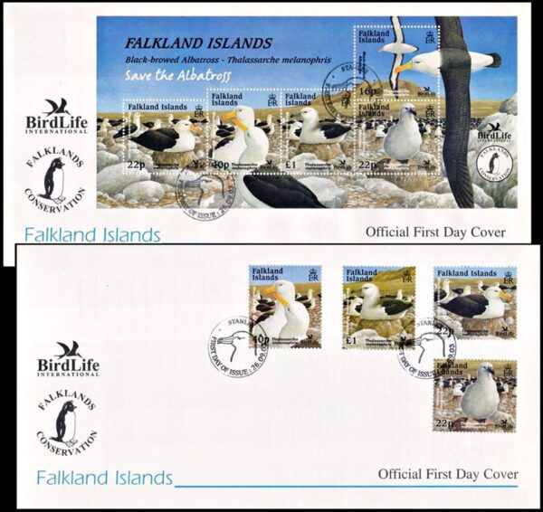 MALVINAS/SOBRES, 2003 - FAUNA: AVES - BIRD LIFE INTERNATIONAL - ALBATROSS - YV 861/64 + BF 29 - 4 VALORES + BLOQUE -SOBRE PRIMER DIA DE EMISION