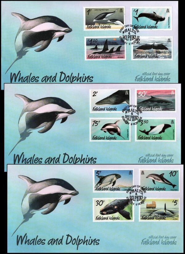 MALVINAS/SOBRES,2012 - FAUNA MARINA - BALLENAS Y DELFINES - SELLOS ORDINARIOS - YV 1115/26 - 12 VALORES - 3 SOBRES PRIMER DIA EMISION