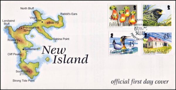 MALVINAS/SOBRES, 2003 - NEW ISLAND - AVES - PINGUINO - CARA CARA - FLORES  -  YV 865/68 - 4 VALORES - SOBRE PRIMER DIA EMISION