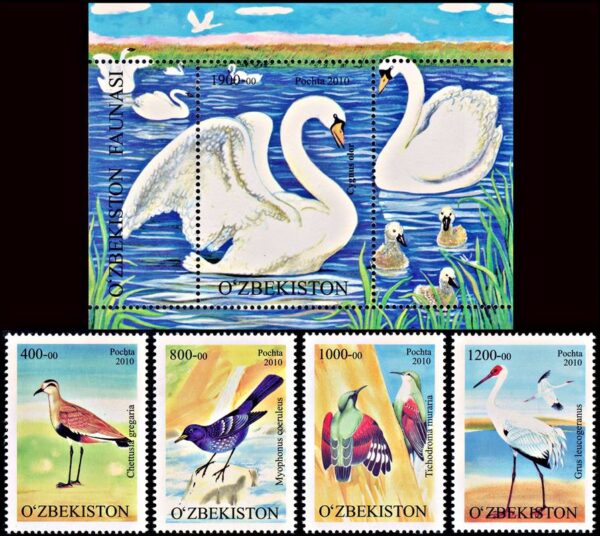 UZBEKISTAN/SELLOS, 2010 - AVES - YV 759/62 + BF 46 - 4 VALORES + BLOQUE - NUEVO