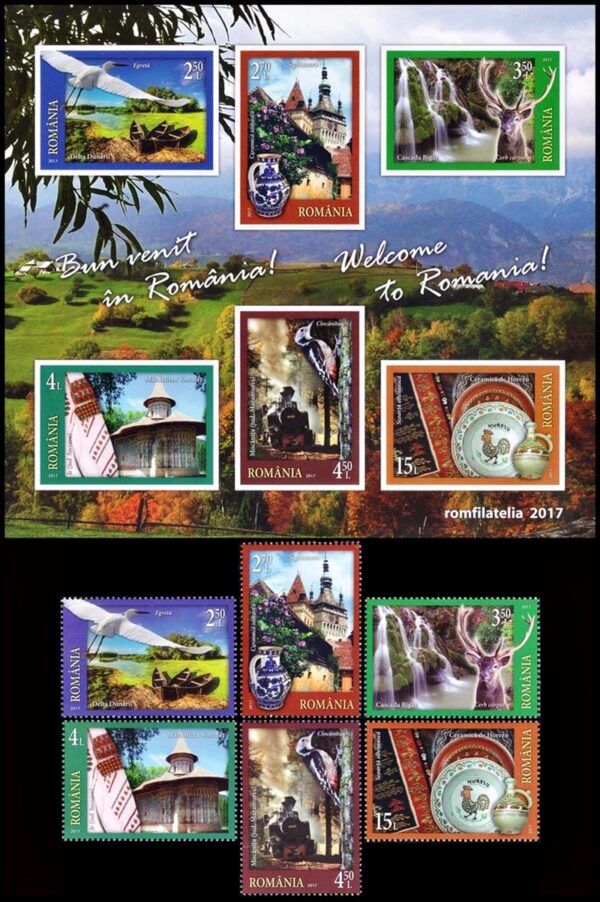 RUMANIA/SELLOS, 2017 - FAUNA - TURISMO - ARTESANIAS - YV 6175/80 + BF 516 - 6 VALORES + BLOQUE - NUEVO