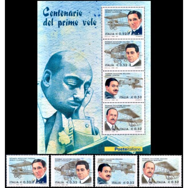 ITALY/STAMPS, 2003 - PERSONALITIES - AIRPLANES - YV 2660/63 + BF 35 - 4 VALUES + SOUV SHEET - MNH