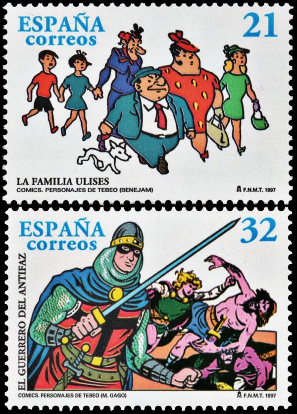 SPAIN/STAMPS, 1997 – COMICS – LA FAMILIA ULISES – EL GUERRERO DEL ANTIFAZ – YV 3063/64 – 2 VALUES MNH