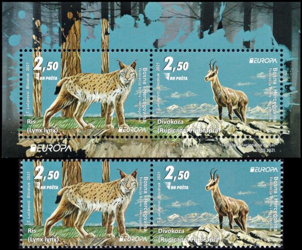 SBOSNIA AND HERZEGOVINA (SARAJEVO) STAMPS, 2021 – EUROPE – NATIONAL ENDANGERED WILDLIFE – YV 855/56 + BF 75 – 2 VALUES + S.S. – MNH