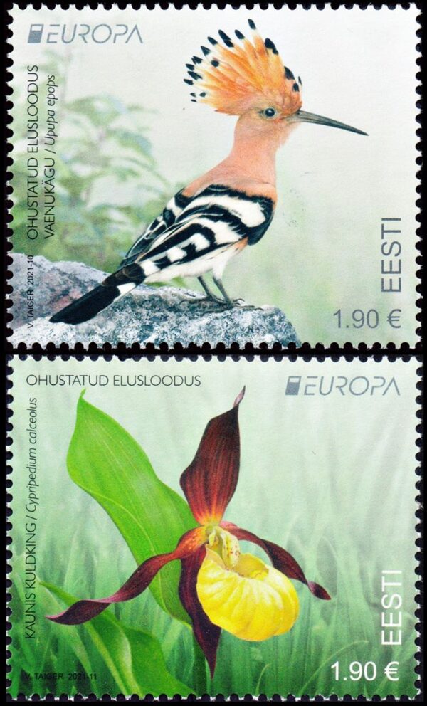 ESTONIA/SELLOS, 2021 - TEMA EUROPA - FAUNA EN PELIGRO - FLORA - AVES - YV 926/27 - 2 VALORES - NUEVO