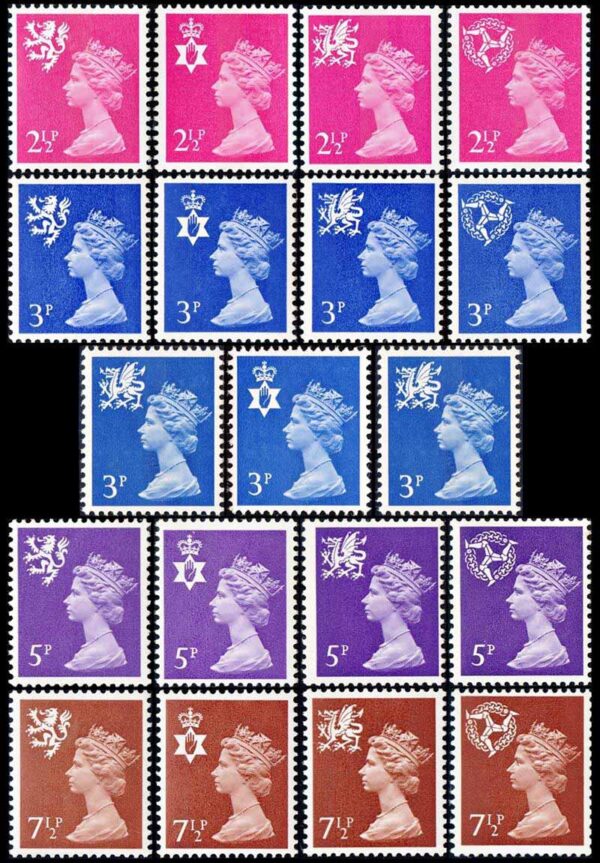 GRAN BRETAÑA/SELLOS, 1971-1974 - SERIE ORDINARIA - REGIONALES - ELIZABETH II - YV 624/39 + 628a + 629a + 631a - 19 VALORES - NUEVO