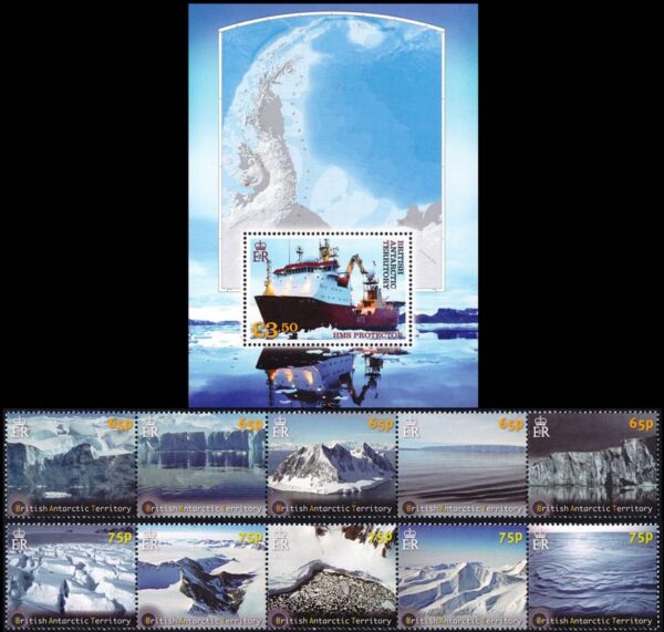 ANTARTIDA BRITANICA (BAT) SELLOS, 2012 - GLACIARES - MAPAS  YV 580/89 + BF 19 - 10 VALORES + BLOQUE - NUEVO - MINT