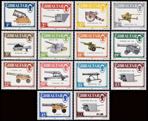 GIBRALTAR/STAMPS, 1987-1991 - DEFINITIVES - CANNONS - YV 536/48 + 628 - 14 VALUES - MNH