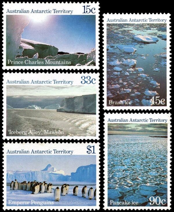 ANTARTIDA AUSTRALIANA/SELLOS, 1985 - SELLOS ORDINARIOS - PAISAJES ANTARTICOS - PINGUINOS - YV 68/72 - 5 VALORES - NUEVO