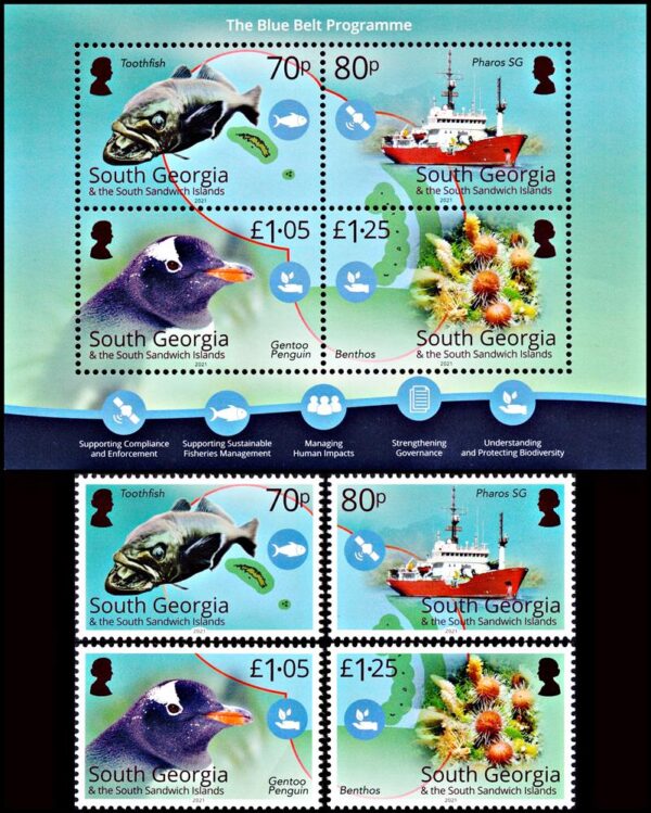 GEORGIAS DEL SUR/SELLOS, 2021 - FAUNA - BARCOS - PINGUINOS - PECES - FLORA - 4 VALORES + BLOQUE - NUEVO