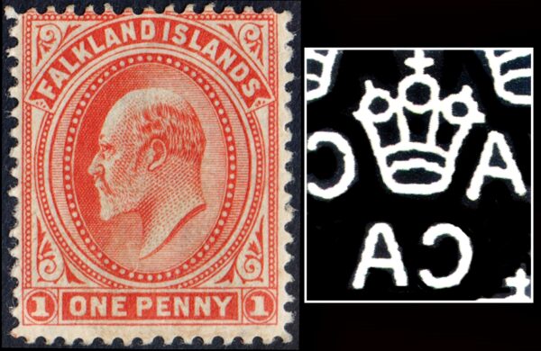 FALKLANDS/STAMPS, 1904 - CLASSIC STAMPS - EDWARD VII - WATERMARK CA MULTIPLE REVRSED W4r - CAT STEFAN HEITZ 17 d - 1 VALUE - HINGED