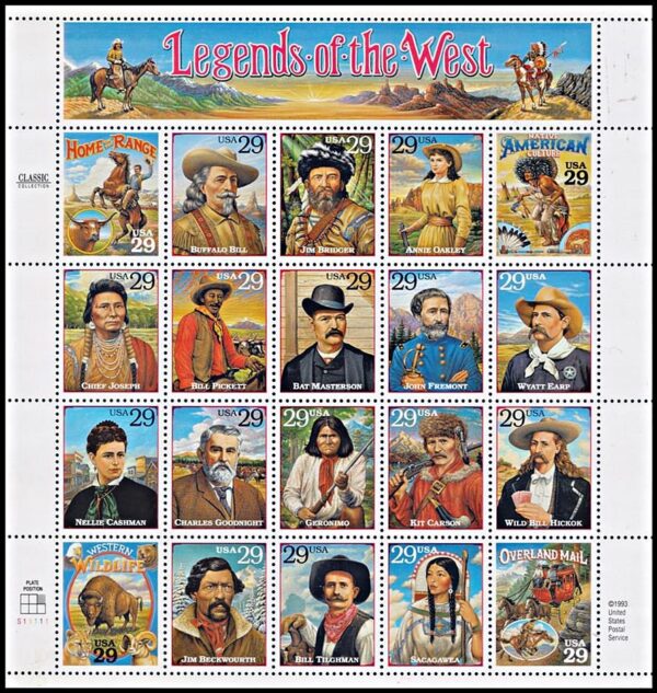 ESTADOS UNIDOS/SELLOS, 1994 - LEYENDAS DEL OESTE - PERSONAJES HISTORICOS - YV 2291/2310 - HOJITA - NUEVO