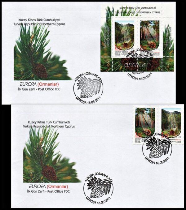 CHIPRE TURCO/SOBRES, 2011 - TEMA EUROPA - BOSQUES - YV 689/90 + BF 28 - 2 VALORES + BLOQUE - SOBRE PRIMER DIA EMISION