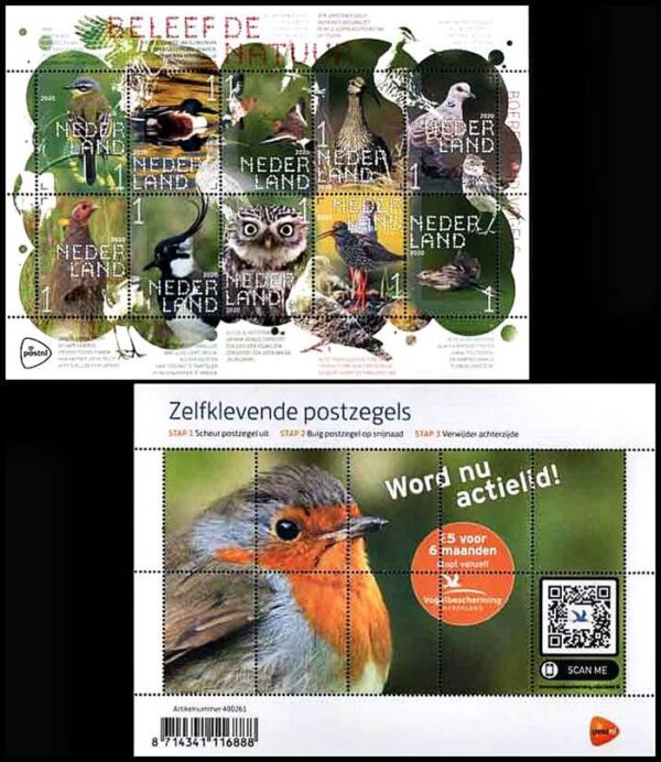 HOLANDA/SELLOS, 2020 - AVES - NATURALEZA - YV 3831/40 - HOJITA - AUTOADHESIVO