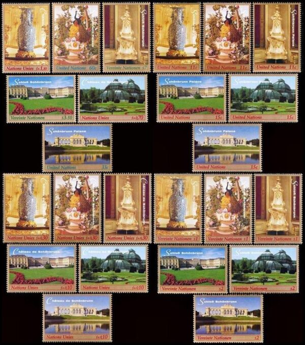 NACIONES UNIDAS (ONU) SELLOS, 1998 - PATRIMONIO MUNDIAL - PALACIO DE SCHONBRUCK - AUSTRIA - YV 775/82 (NY) 370/77(G)  288/95 (V) - 24 VALORES - NUEVO - MINT