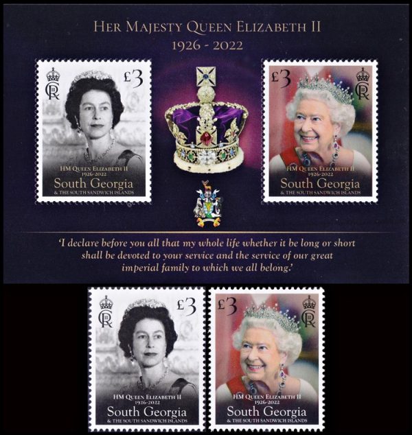 GEORGIAS DEL SUR/SELLOS, 2022 - ELIZABETH II (1926-2022) - 2 VALORES + BLOQUE - NUEVO