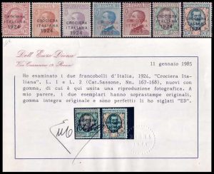 ITALIA/SELLOS, 1924 - CROCIERA ITALIANA 1924 - YV 156/62 + 7 VALORES - CON CERTIFICADO DE LOS 2 VALORES MAS ALTOS - MINT