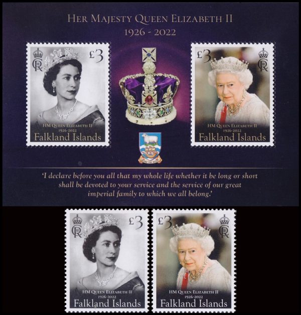 MALVINAS/SELLOS, 2022 - ELIZABETH II (1926-2022) - 2 VALORES + BLOQUE - NUEVO