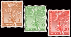 BERLIN/SELLOS, 1952 - DEPORTES - JUEGOS OLIMPICOS HELSINKI - YV 74/76 - 3 VALORES - NUEVO - BISAGRA