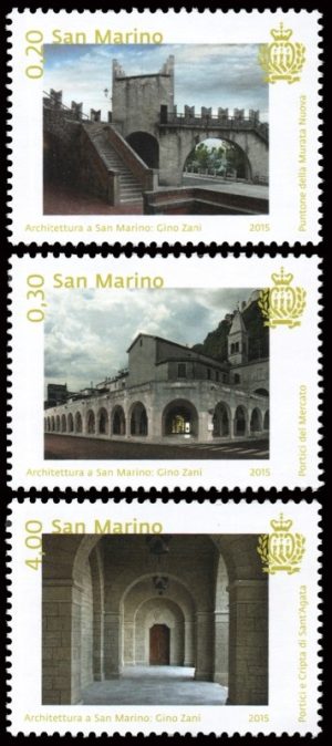 SAN MARINO/SELLOS, 2015 - ARQUITECTURA - PERSONALIDADES - YV 2422/24 - 3 VALORES - NUEVO