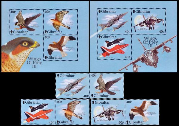 GIBRALTAR/SELLOS, 2001 – AVIONES – AVES DE PRESA – YV 979/84 + BF 46/47 – 6 VALORES + 2 BLOQUES – NUEVO