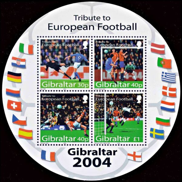 GIBRALTAR/SELLOS, 2004 - FUTBOL EUROPEO - YV BF 61 - BLOQUE - NUEVO