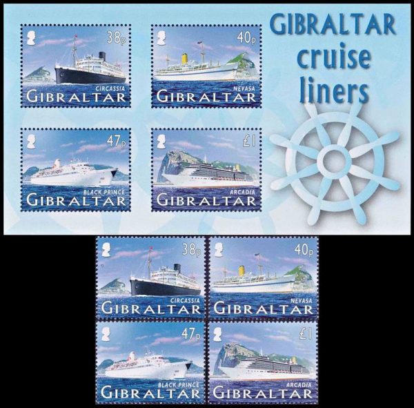 GIBRALTAR/SELLOS, 2005 - BARCOS - CRUCEROS - YV 1179/82 + BF 74 - 4 VALORES + BLOQUE - NUEVO