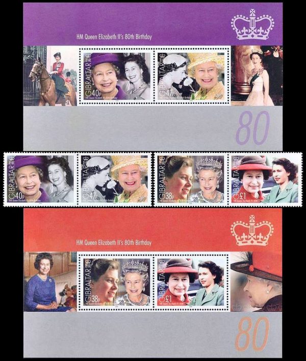 GIBRALTAR/SELLOS, 2006 - REALEZA - ELIZABETH II - 80 ANIVERSARIO - YV 1156/59 + BF 71/72 - 4 VALORES + 2 BLOQUES - NUEVO