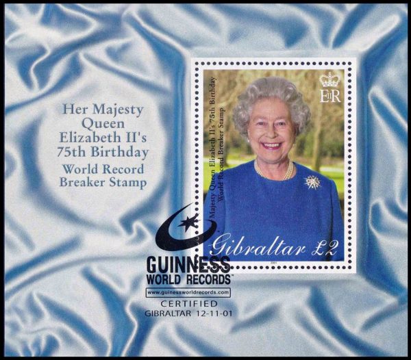 GIBRALTAR/SELLOS, 2001 - REALEZA - ELIZABETH II - 75 ANIVERSARIO - YV BF 45 - BLOQUE - MATASELLO ESPECIAL "RECORD GUINNES"