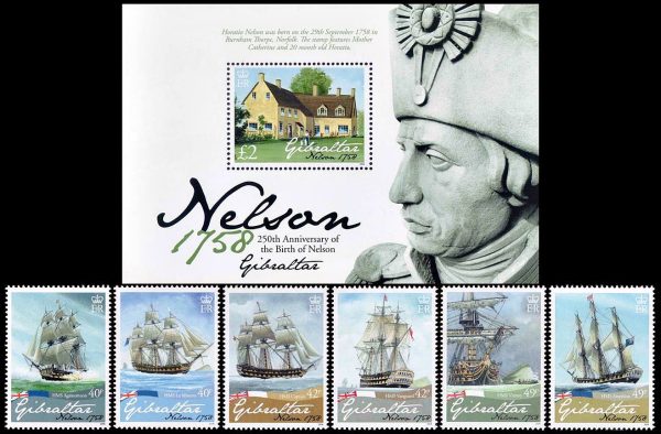 GIBRALTAR/STAMPS, 2008 - SHIPS - VICE ADMIRAL NELSON - YV 1260/65 + BF 84 - 6 VALUES + SOUVENIR SHEET - MNH