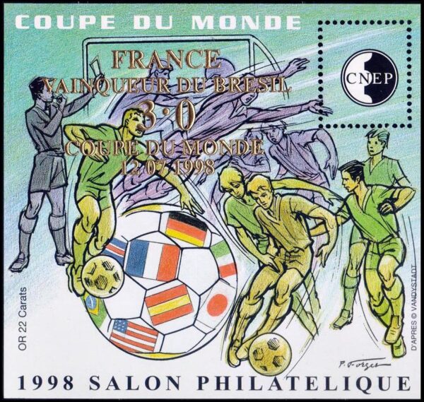 FRANCIA/SELLOS, 1998 – FUTBOL – COPA DEL MUNDO FRANCIA 98 – FRANCIA CAMPEON - SALON FILATELICO LYON – YV BS CNEP 27 – BLOQUE – NUEVO