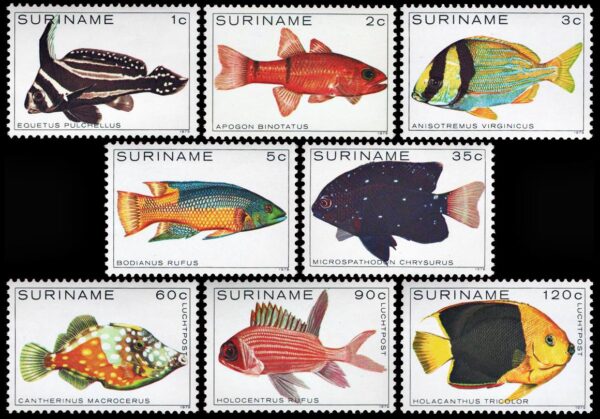 SURINAM/SELLOS, 1979 - PECES - YV 759/63 + A 82/84 - 8 VALORES - NUEVO