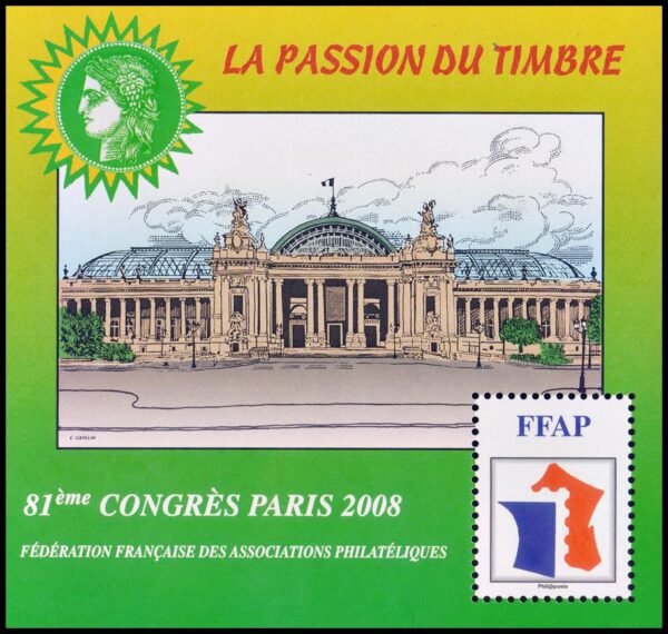 FRANCIA/SELLOS, 2008 - GRAN PALACIO DE PARIS - CONGRESO FILATELICO DE PARIS - YV BS FFAP 2 - BLOQUE - NUEVO