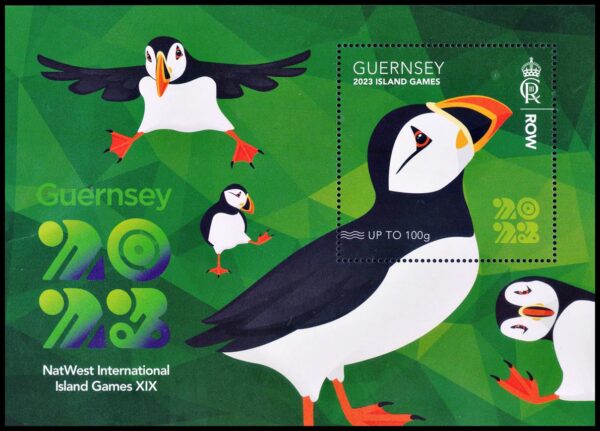 GUERNSEY/SELLOS, 2023 - AVES - PUFFIN - FUTBOL - JUEGOS DE LAS ISLAS INTERNACIONALES NATWEST - BLOQUE - NUEVO