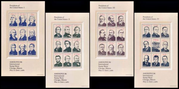 UNITED STATES/STAMPS, 1986 - PRESIDENTS OF THE UNITED STATES - YV 1632/67 - 4 SHEETS - MNH